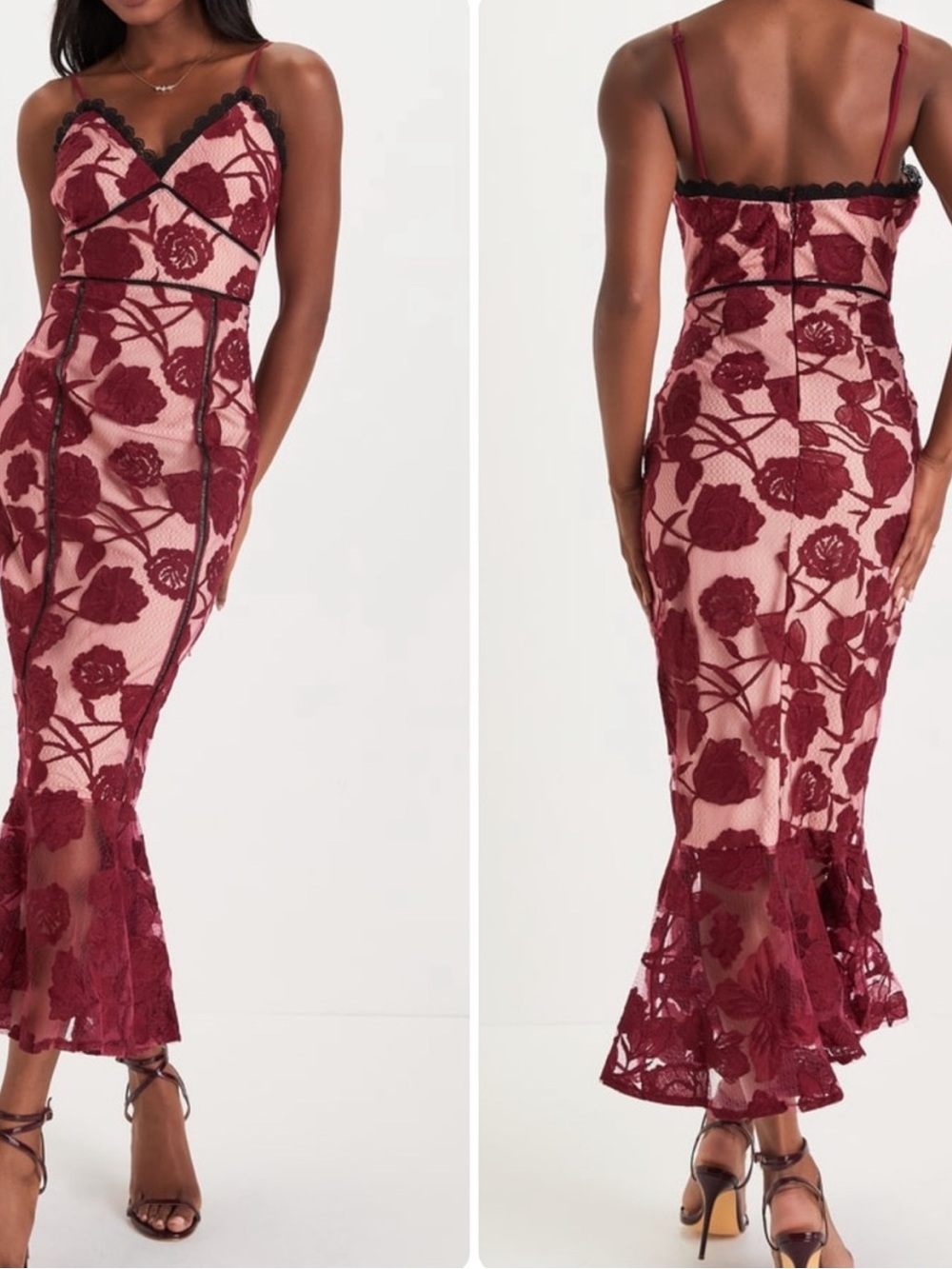 Lulus Alluring Dream Burgundy Floral Mesh Lace Trumpet Midi Dress